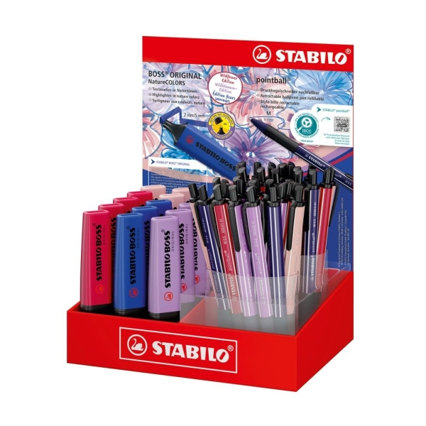 Espositore Stabilo Boss Naturecolors Wildflower con 15 pennarelli Boss + 38 penne a sfera - Inchiostro blu - Colori assortiti