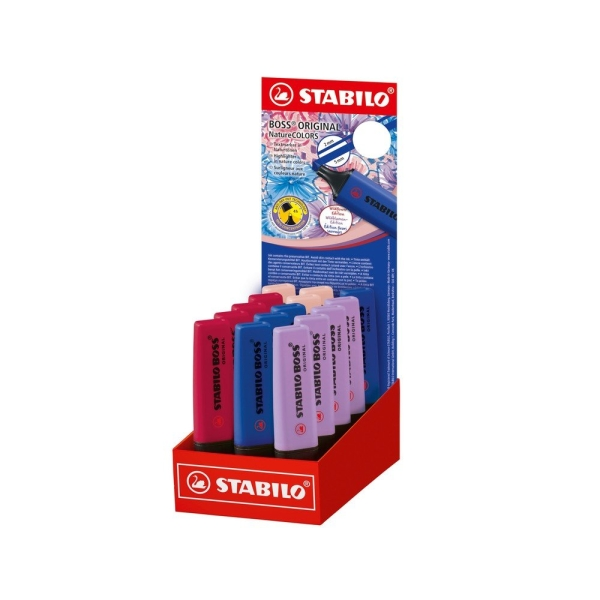 Espositore Stabilo Boss Naturecolors Wildflower Edition con 15 pennarelli - Larghezza del tratto tra 2 e 5 mm - Inchiostro a base d'acqua - Colori: blu navy cipria lilla grigiastro e rosso bordeaux
