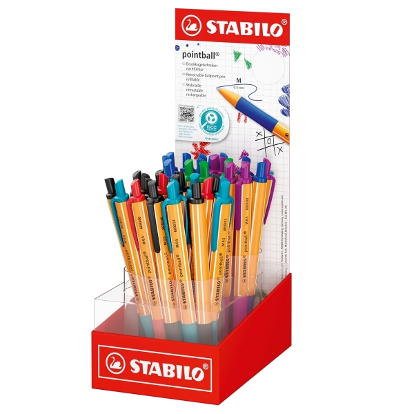 Espositore Stabilo Pointball con 38 penne retrattili - Punta da 1 mm - Inchiostro a base d'olio - Ricaricabili - Plastica riciclata all'87% - Impugnatura antiscivolo - Colori assortiti