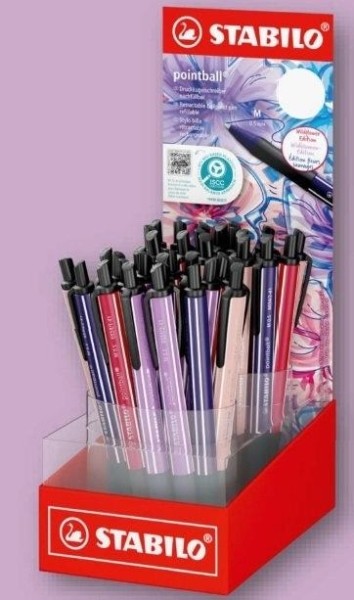 Espositore Stabilo Pointball Naturecolors Wildflower con 38 penne retrattili - Tratto da 05 mm - Realizzate con l'87% di bioplastica - Impugnatura antiscivolo - Ricaricabili - Inchiostro blu - Colori assortiti