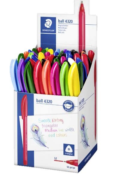 Espositore Staedtler Ball 4320 M con 50 penne a sfera da 1 mm - Scrittura fluida - Corpo triangolare - Colori assortiti