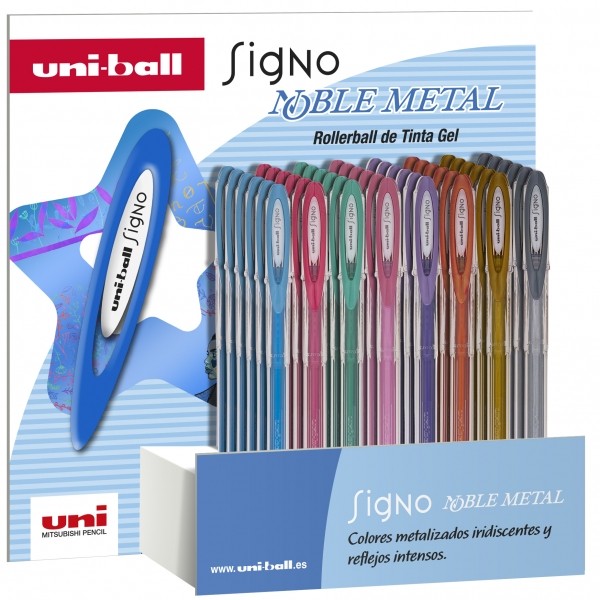Espositore Uni-ball Signo Noble Metal da 48 penne a inchiostro gel - Punta a sfera da 08 mm - Inchiostro resistente all'acqua e alla luce - Scrive su carta in bianco e nero - Colori assortiti
