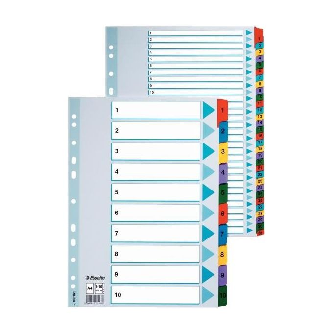 Esselte 100166 Carton Index Divisori Alfabetici in Cartoncino con Tasti Colorati Rinforzati Mylar Formato A4 21 Schede colore Bianco