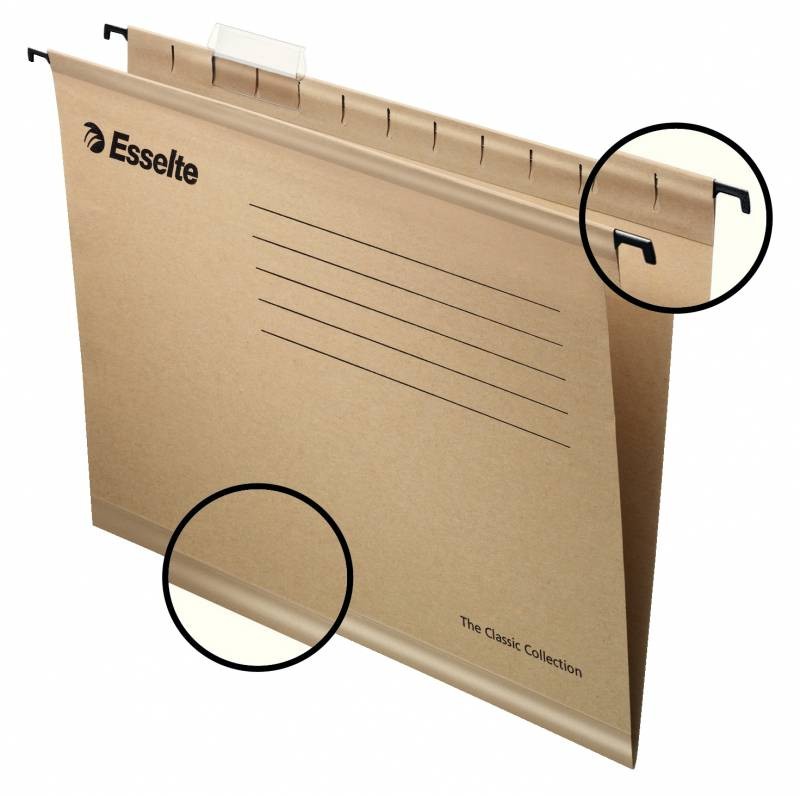 Esselte Classic A4 Confezione da 50 Cartelle Sospese Rinforzate - 10 Volte Più Resistenti - Visori in Plastica Trasparente - Etichette Bianche - Cartone Kraft Riciclato al 100%