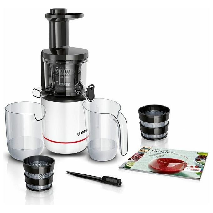 Estrattore BOSCH MESM500W, 150 W, Spremitura Delicata a Bassa velocità, Performante e Silenzioso, Sistema Anti-goccia, Facile Pulizia, Componenti Lavabili in Lavastoviglie, Bianco, Nero