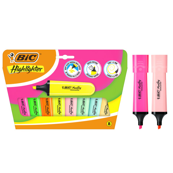 Evidenziatore Bic Marking Flat confezione da 8 pennarelli fluorescenti - Punta a scalpello - Tratto tra 120 e 460 mm - Inchiostro a base d'acqua - Colori assortiti neon e pastello Evidenziatore Bic Marking Flat confezione da 8 pennarelli fluorescenti - Punta a scalpello - Tratto tra 120 e 460 mm - Inchiostro a base d'acqua - Colori assortiti neon e pastello