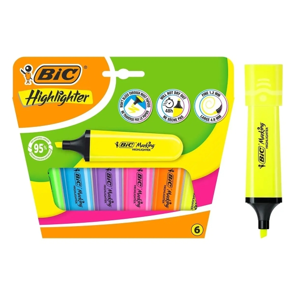 Evidenziatori Bic confezione da 6 pennarelli fluorescenti - Punta a scalpello - Tratto da 120 a 460 mm - Inchiostro a base d'acqua - Colori assortiti Evidenziatori Bic confezione da 6 pennarelli fluorescenti - Punta a scalpello - Tratto da 120 a 460 mm - Inchiostro a base d'acqua - Colori assortiti