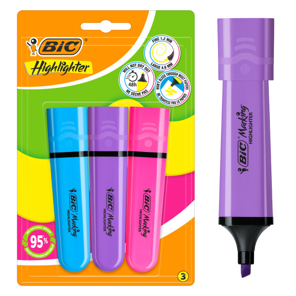 Evidenziatori Bic confezione piatta da 3 pennarelli fluorescenti - Punta a scalpello - Tratto da 120 a 460 mm - Inchiostro a base d'acqua - Colori assortiti Evidenziatori Bic confezione piatta da 3 pennarelli fluorescenti - Punta a scalpello - Tratto da 120 a 460 mm - Inchiostro a base d'acqua - Colori assortiti