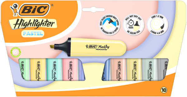 Evidenziatori Bic Flat Pastel confezione da 10 pennarelli fluorescenti - Punta a scalpello - Tratto da 120 a 460 mm - Inchiostro a base d'acqua - 4 colori pastello e 6 colori pastello minerali Evidenziatori Bic Flat Pastel confezione da 10 pennarelli fluorescenti - Punta a scalpello - Tratto da 120 a 460 mm - Inchiostro a base d'acqua - 4 colori pastello e 6 colori pastello minerali