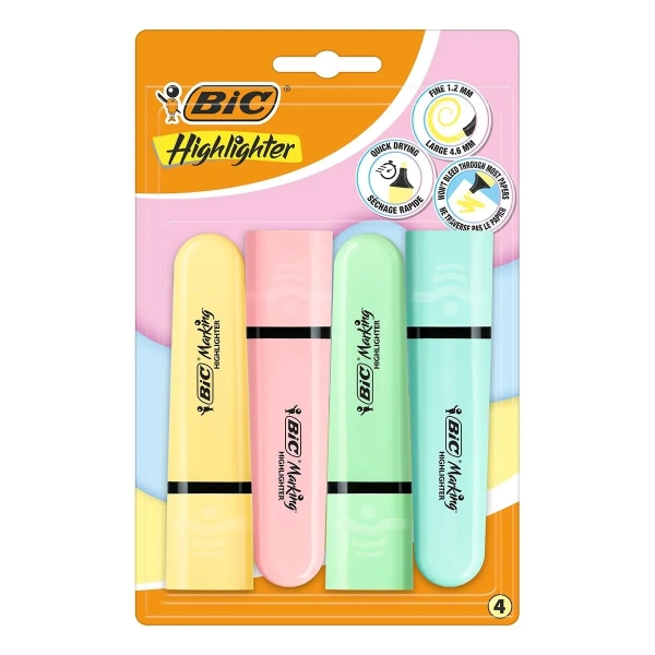 Evidenziatori Bic Flat Pastel confezione da 4 pennarelli fluorescenti - Punta a scalpello - Tratto da 120 a 460 mm - Inchiostro a base d'acqua - Colori pastello assortiti Evidenziatori Bic Flat Pastel confezione da 4 pennarelli fluorescenti - Punta a scalpello - Tratto da 120 a 460 mm - Inchiostro a base d'acqua - Colori pastello assortiti