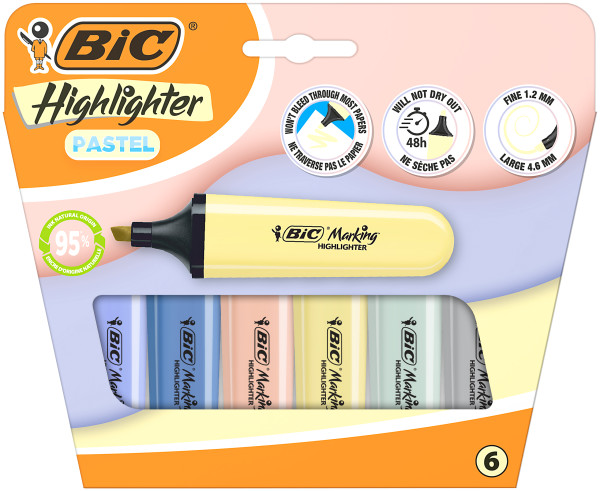 Evidenziatori Bic Flat Pastel Mineral confezione da 6 pennarelli fluorescenti - Punta a scalpello - Tratto da 120 a 460 mm - Inchiostro a base d'acqua - Colori pastello minerali assortiti Evidenziatori Bic Flat Pastel Mineral confezione da 6 pennarelli fluorescenti - Punta a scalpello - Tratto da 120 a 460 mm - Inchiostro a base d'acqua - Colori pastello minerali assortiti