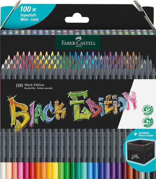 Faber-Castell Black Edition Confezione da 100 Matite Colorate - Mina Super Morbida - Legno Nero - Ideale per Disegnare su Carta Chiara Scura e Colorata - Colori Assortiti