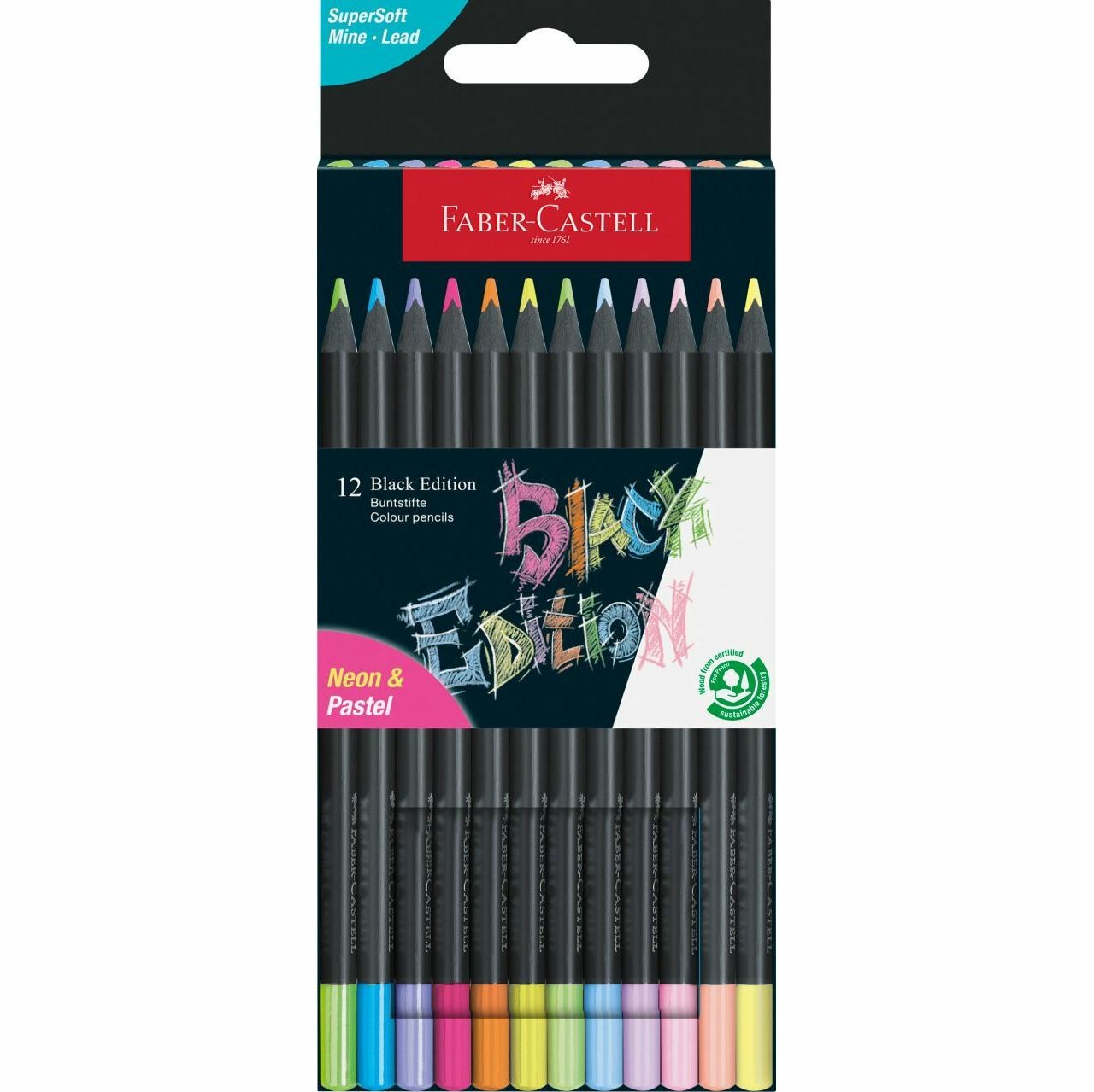 Faber-Castell Black Edition Confezione da 12 matite colorate neon+pastello - Mina super morbida - Legno nero - Ideale per disegnare su carta chiara scura e colorata - Colori assortiti