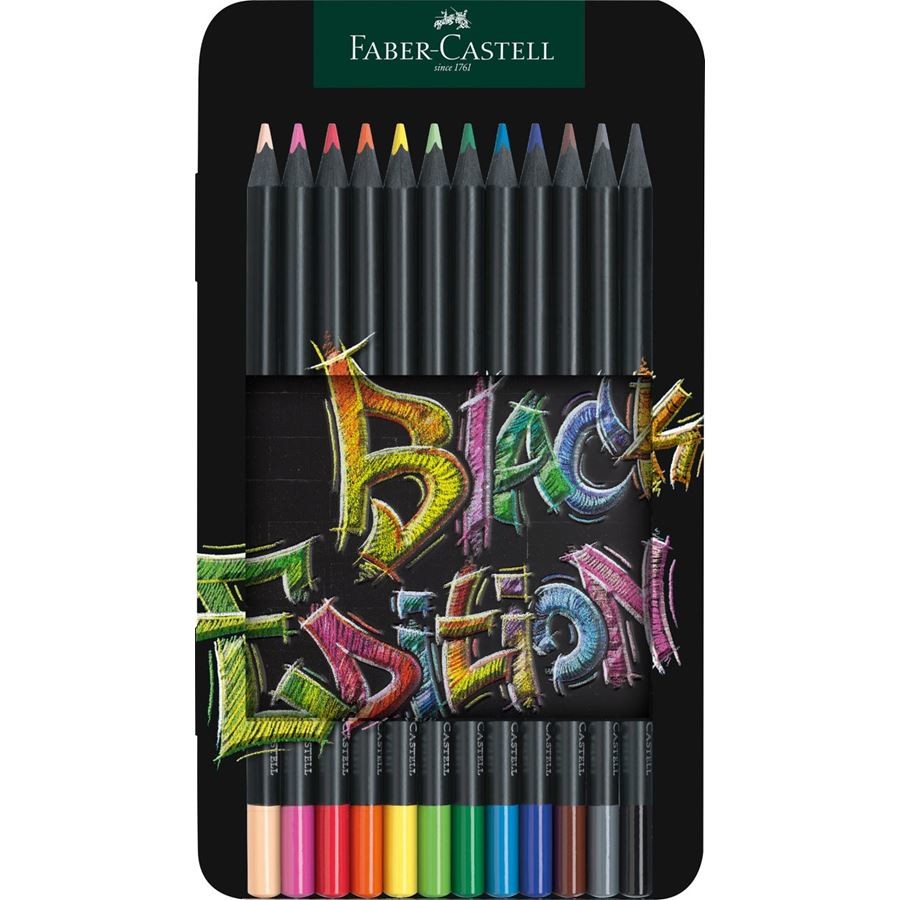 Faber-Castell Black Edition Scatola in Metallo da 12 Matite Colorate - Mina Super Morbida - Legno Nero - Ideale per Disegnare su Carta Chiara Scura e Colorata - Colori Assortiti