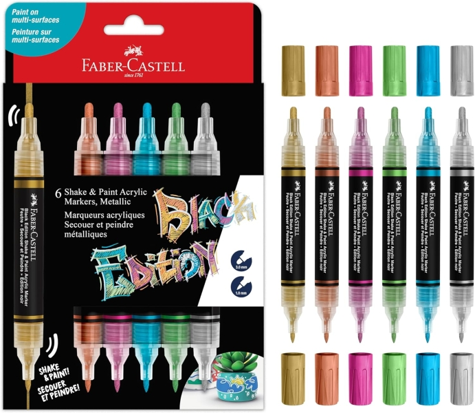 Faber-Castell Shake & Paint Black Edition confezione da 6 pennarelli acrilici a doppia punta - Punte rotonde da 1 mm e 3 mm - Inchiostro acrilico a base d'acqua - Colori metallizzati assortiti Faber-Castell Shake & Paint Black Edition confezione da 6 pennarelli acrilici a doppia punta - Punte rotonde da 1 mm e 3 mm - Inchiostro acrilico a base d'acqua - Colori metallizzati assortiti
