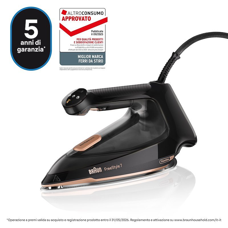 FERRO A VAPORE BRAUN Ferro a vapore FI7276BK, Potenza massima 2000 W, Colpo di 250 g/min, Vapore continuo fino 60 Serbatorio acqua 350 ml, Sistema anticalcare integrato, Piastra in EloxalPlus, con sistema FreeGlide 3D