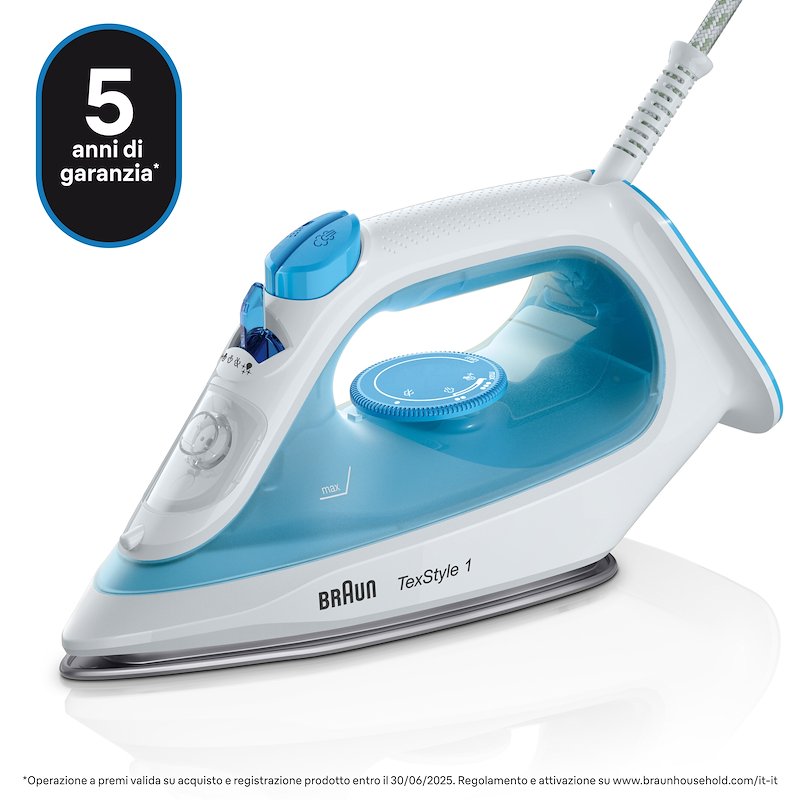 FERRO A VAPORE BRAUN SI1050BL TexStyle1, Potenza massima 2000 W, Colpo di vapore 120 g/min, Vapore continuo fino a 25 Serbatorio acqua 220 ml, Sistema anticalcare integrato, Piastra in SuperCeramic