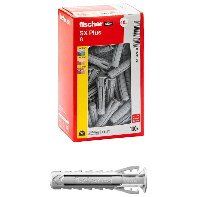 Fischer, 100 Tasselli SX Plus 8x40 mm, Per Muro Pieno e Forato, Fissaggio Lampadari e Mobili