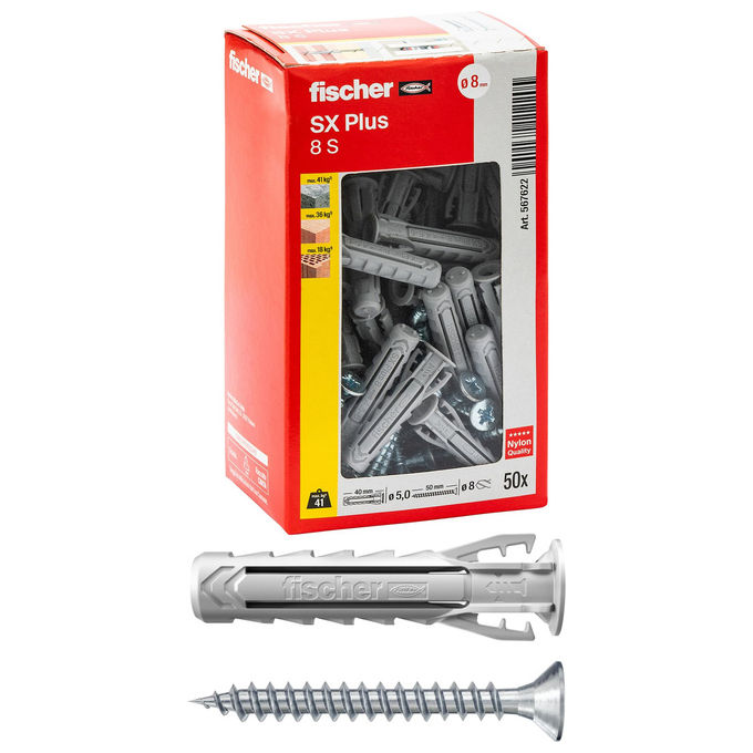 Fischer, 50 Tasselli SX Plus con Vite, 8x40 mm, Per Muro Pieno e Forato, Muratura e Calcestruzzo