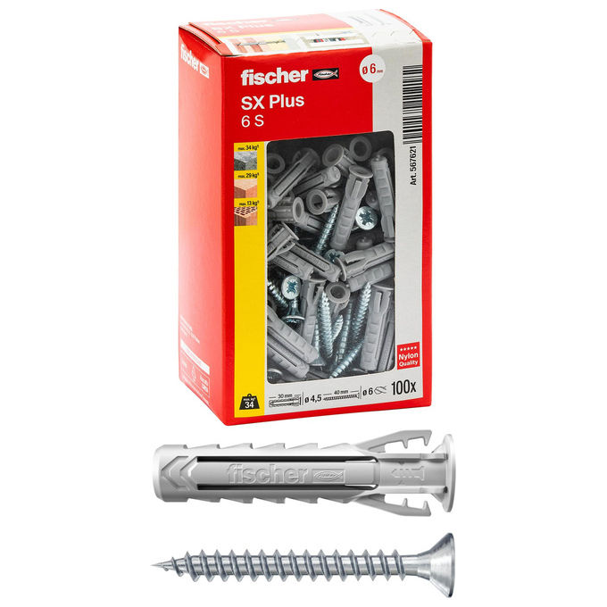 Fischer, Tassello SX Plus con Vite 6x30 mm, Per Muro Pieno, Mattone e Calcestruzzo
