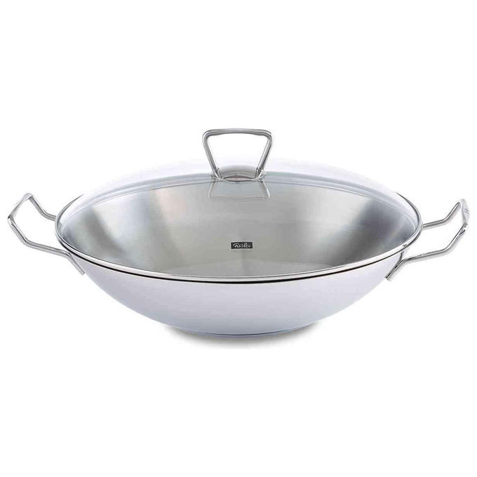 Fissler 06 823 35 001 Kunming Wok 36 cm Acciaio Inox 18-10 con Coperchio in Vetro Induzione 6.4 L colore Argento