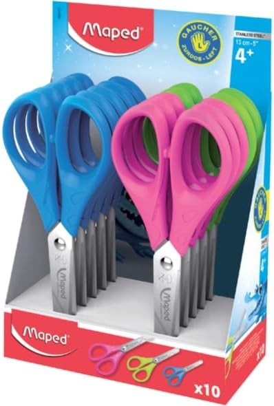 Forbici scolastiche Maped Essentials per mancini con punta arrotondata 13 cm - Lame in acciaio inossidabile - Manico simmetrico in plastica - Colori assortiti - 1 pezzo Forbici scolastiche Maped Essentials per mancini con punta arrotondata 13 cm - Lame in acciaio inossidabile - Manico simmetrico in plastica - Colori assortiti - 1 pezzo