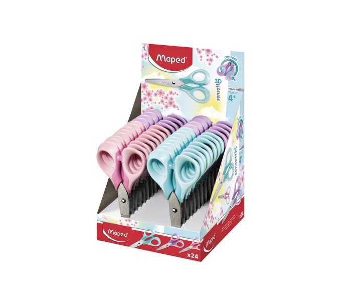 Forbici scolastiche Maped Sensoft a punta tonda da 13 cm - Lame in acciaio inossidabile - Impugnatura simmetrica in plastica - Colori pastello assortiti Forbici scolastiche Maped Sensoft a punta tonda da 13 cm - Lame in acciaio inossidabile - Impugnatura simmetrica in plastica - Colori pastello assortiti