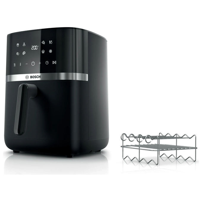 Friggitrice ad aria BOSCH MAF462B0, Air Fryer 6 L, 7 Programmi, Doppia Resistenza, Funzioni Defrost e Mantenimento in Caldo, Touchscreen, Set per grigliare Incluso, Nero