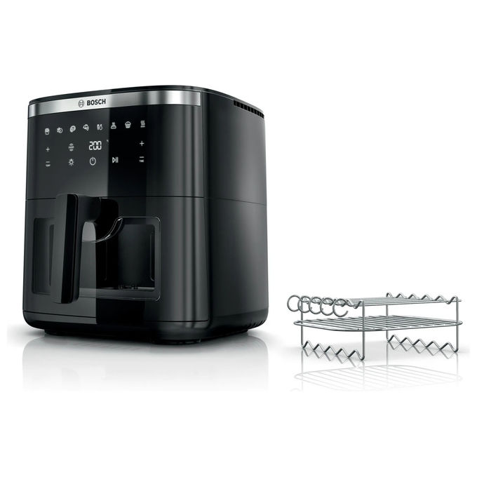 Friggitrice ad aria BOSCH MAF671B0, Air Fryer XXL, Capacità 7.2 L, 7 Programmi Preimpostati, Finestra sul Cestello Illuminata, Set per grigliare Incluso, Nero