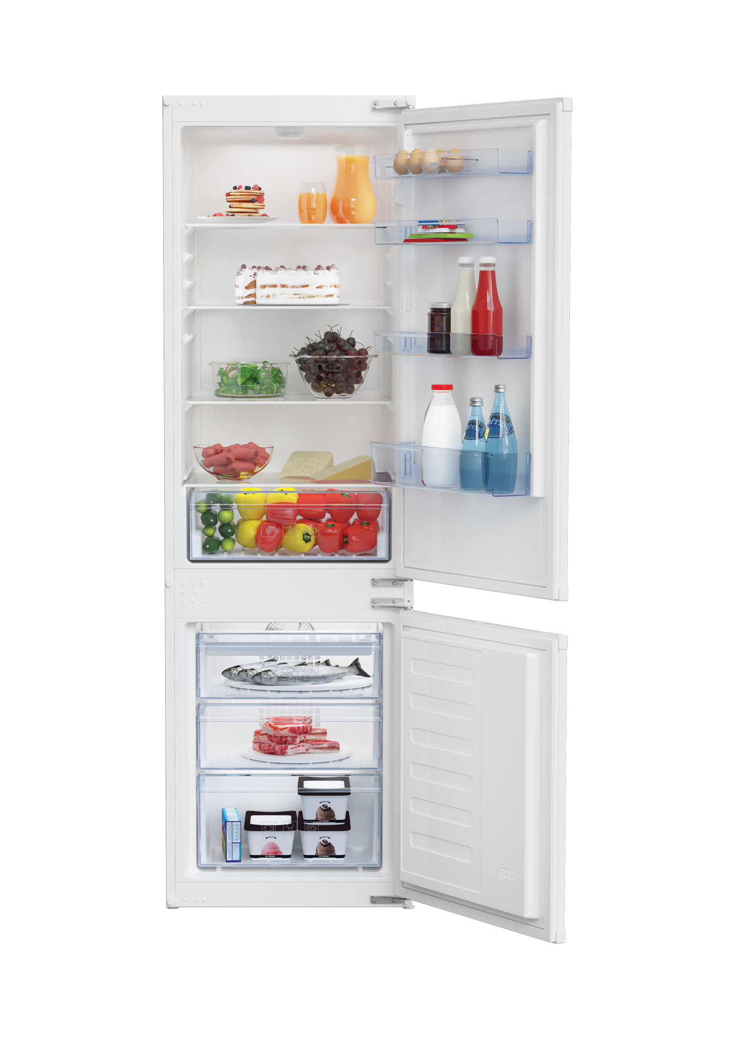 FRIGORIFERO DA INCASSO BEKO BCHA275K4SN, Capacità netta totale 262 l, Rumorosità: 38 dB(A), 4 ripiani, Dimensioni: L 54 cm A 177,5 P 54,5 cm, Bianco, Classe E