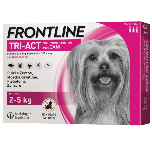 Frontline Tri-Act x3 Pipette, Antiparassitario Per Cani e Cuccioli (Taglia XS 2-5Kg) Contro Pulci, Zecche, Zanzare, Pappataci e Leishmaniosi