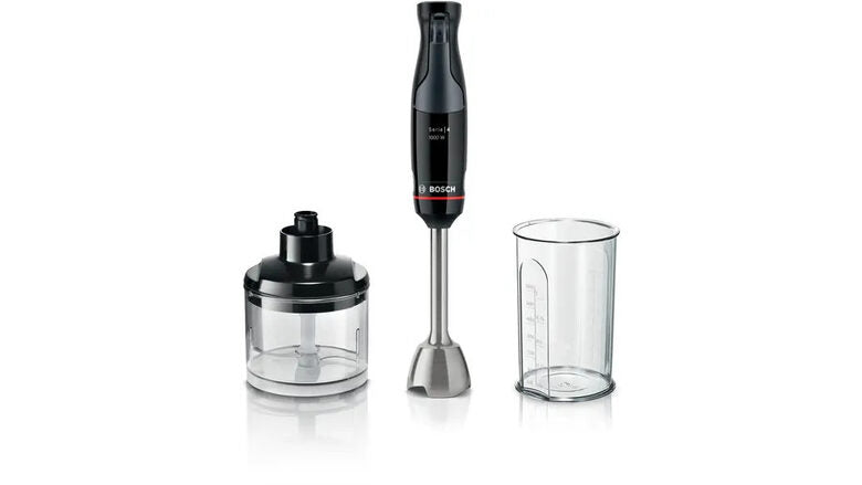 Frullatore ad immersione BOSCH MSM4B620, 1000 W, Impugnatura Ergonomica, Regolazione Dinamica della Velocità, 4 Lame in Acciaio Inox, Tritatutto, Bicchiere Graduato, Nero