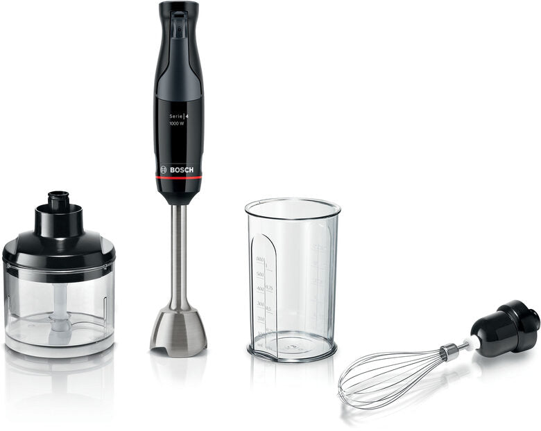 Frullatore ad immersione BOSCH MSM4B621, 1000 W, Impugnatura Ergonomica, Regolazione Dinamica della Velocità, 4 Lame in Acciaio Inox, Tritatutto e Frusta Inclusi, Bicchiere Graduato, Nero