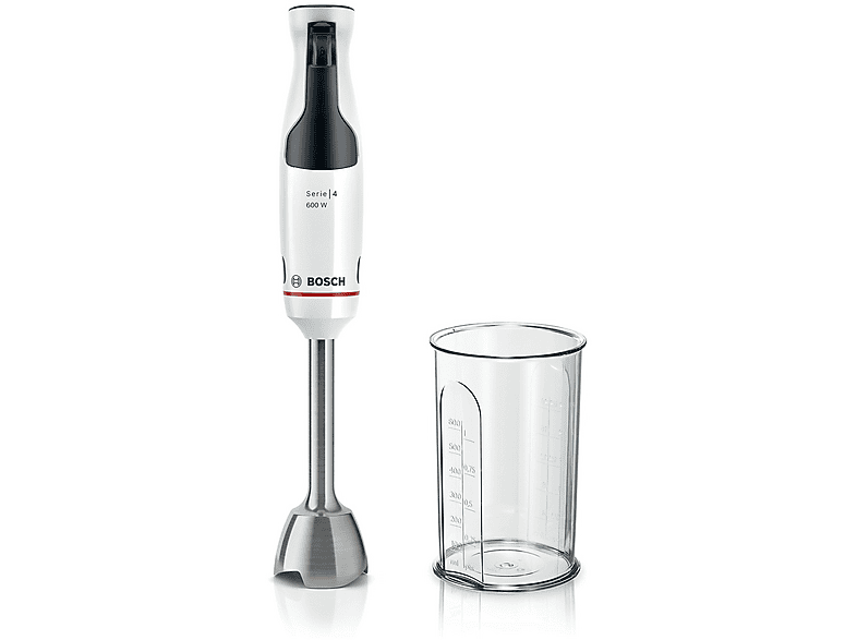 Frullatore ad immersione BOSCH MSM4W210, 600 W, Impugnatura Ergonomica, Regolazione Dinamica della Velocità, 4 Lame in Acciaio Inox, Bicchiere Graduato, Bianco