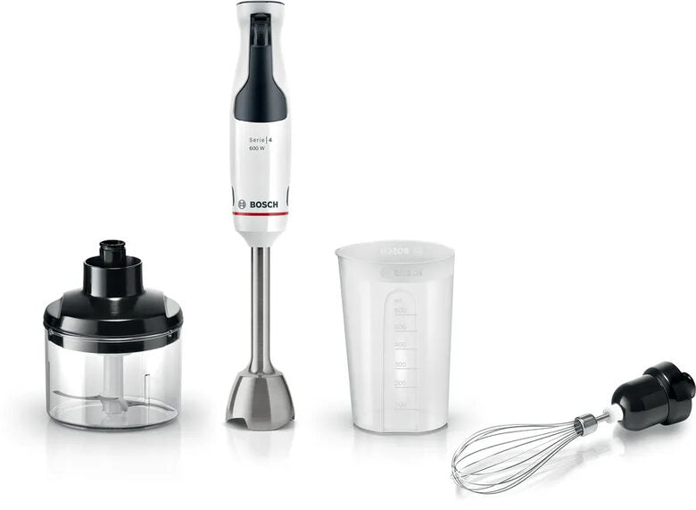 Frullatore ad immersione BOSCH MSM4W221, 600 W, Impugnatura Ergonomica, Regolazione Dinamica della Velocità, 4 Lame in Acciaio Inox, Tritatutto e Frusta, Bicchiere Graduato, Bianco