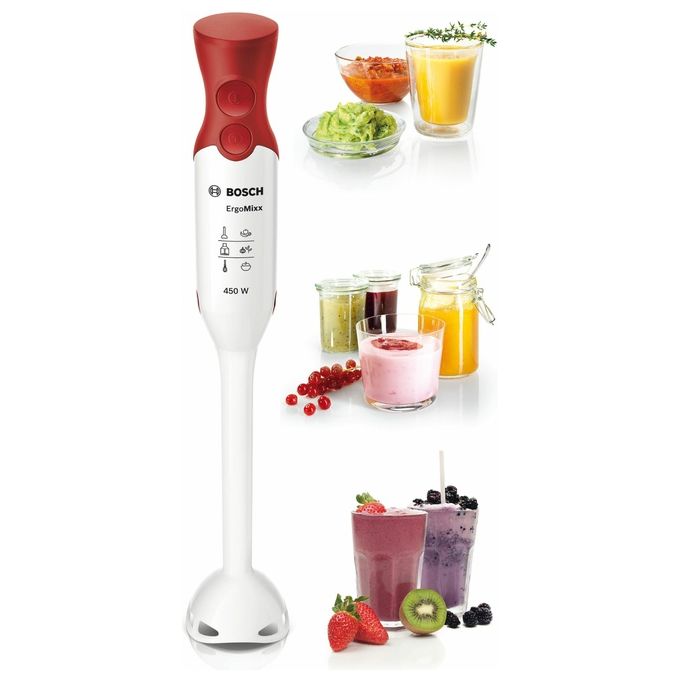 Frullatore ad immersione BOSCH MSM64010, 450 W, Impugnatura Ergonomica, Lama a 4 Ali Anti Schizzi, 2 Livelli di Velocità, Bicchiere Graduato Incluso, Bianco, Rosso
