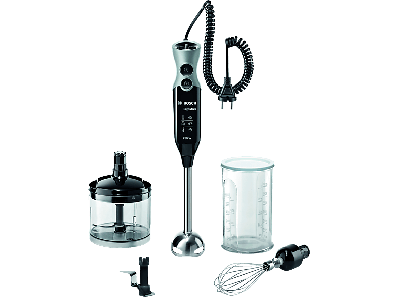 Frullatore ad immersione BOSCH MSM67170, 750 W, 12 Velocità, Lama in Acciaio Inox, Impugnatura Ergonomica, Tritatutto, Tritaghiaccio e Frusta Inclusi, Bicchiere Graduato, Cavo a Spirale, Nero