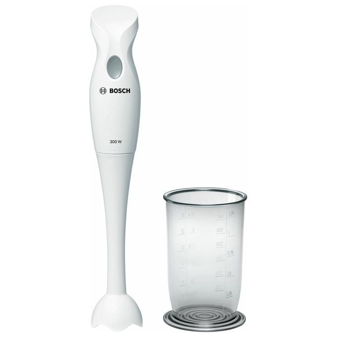 Frullatore ad immersione BOSCH MSM6B150, 300W, Impugnatura ergonomica, Facile da usare, Lama Acciaio Inox, Piede frullatore Removibile Lavabile in Lavastoviglie, Bicchiere graduato Incluso, Bianco