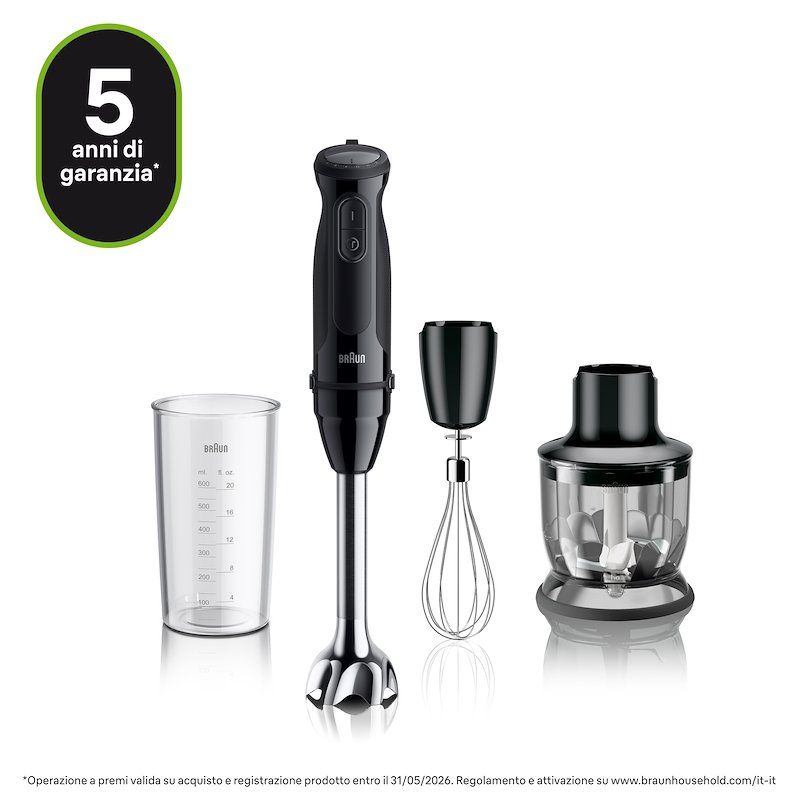 FRULLATORE AD IMMERSIONE BRAUN Multiquick 5 MQ50202M, 1000W, 21 velocità, con bicchiere graduato da 0,6l e tritatutto 350 ml,