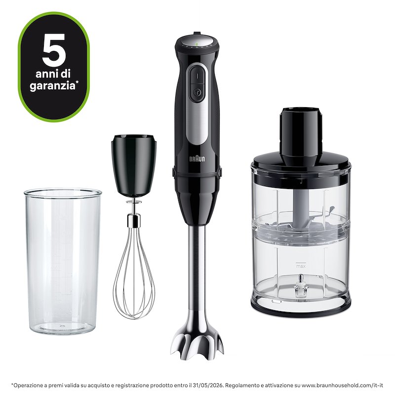 FRULLATORE AD IMMERSIONE BRAUN Multiquick 5 MQ55254M, 1000W, 25 velocità, con bicchiere graduato da 0,6l e tritatutto 0,5l, funzione tritaghiaccio, Nero