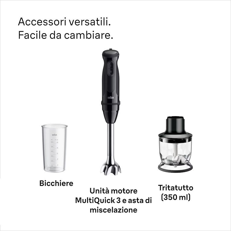 Frullatore ad immersione BRAUN MultiWQuick 3 MQ.30201M, con Tritatutto, 700W, Nero