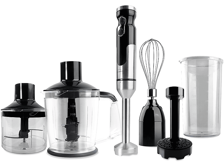 Frullatore ad immersione KOENIC KHB-TR 102424 M, 1000W, lama in acciaio inossidabile e titanio, Set con mini tritatutto 0.4l, Tritatutto XL 0.9L manico 2 lame, schiaccia patate, misurino coperchio frusta, nero
