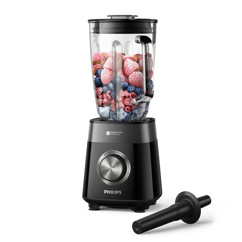 FRULLATORE PHILIPS Serie 5000 HR3030/00, Potenza 1200 W, Caraffa da 2 l, 3 velocità, Vetro, ProBlend Plus, Lama a stella 4 punte in acciaio inossidabile., Nero/Metallo
