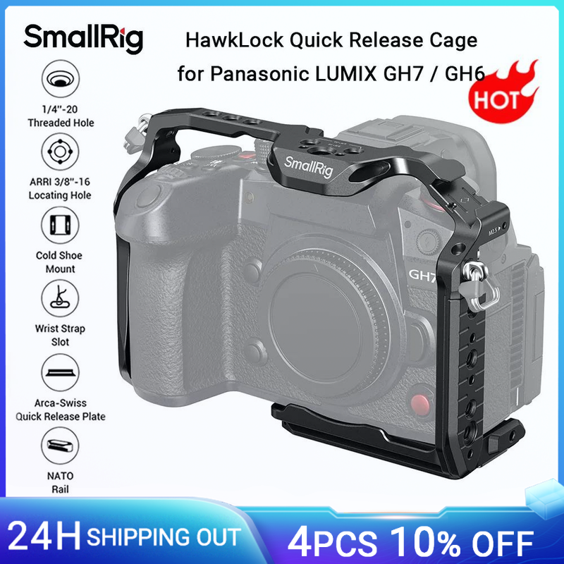 Gabbia a sgancio rapido SmallRig GH6 "HawkLock" per Panasonic GH7 / GH6 con piastra a sgancio rapido Arca-Swiss per stabilizzatore DJI RS3/RS4