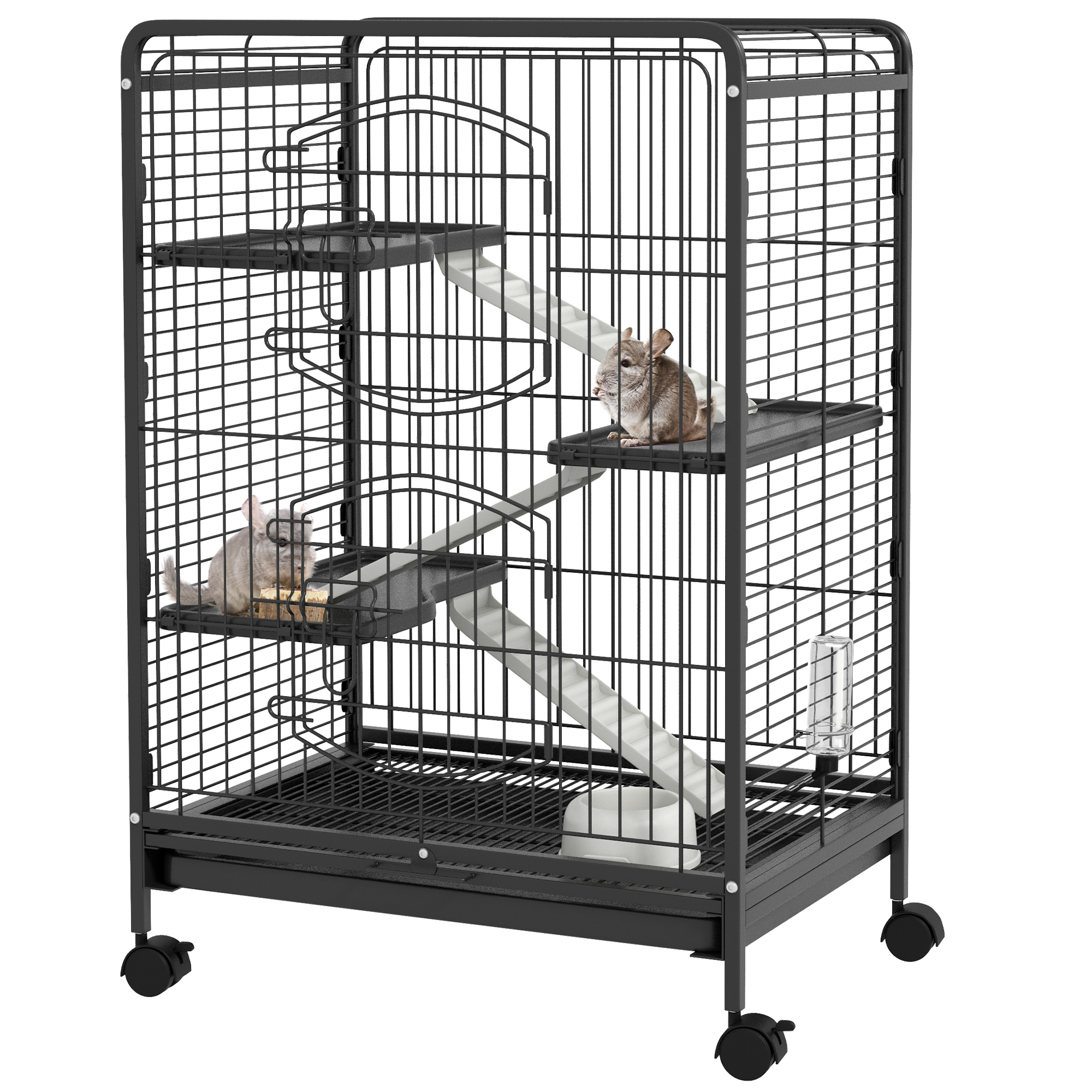 Gabbia PawHut per roditori di piccola taglia con 3 rampe, 3 piattaforme piatte, borraccia, vassoio inferiore rimovibile per conigli, visoni, cincillà, in acciaio e PP, 44x95 cm, nera