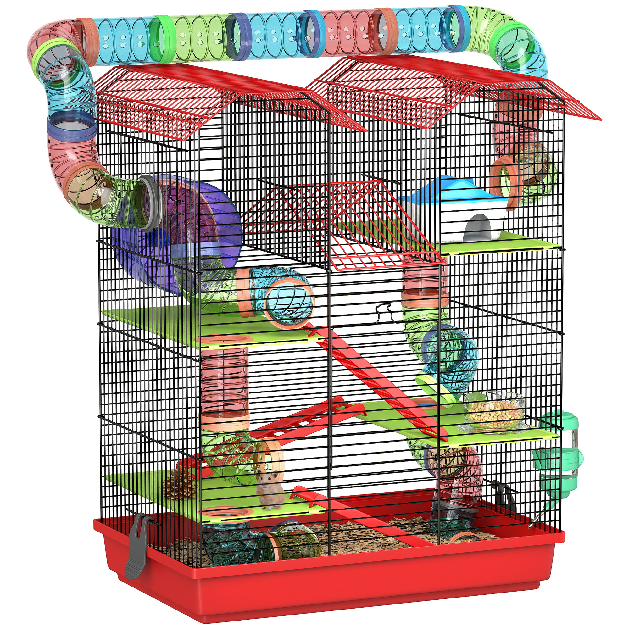 Gabbia Pawut per Criceti, Topi e Piccoli Animali con Tunnel, Ruota per Alimentazione e Giocattolo, 47x30x59 cm, Rossa
