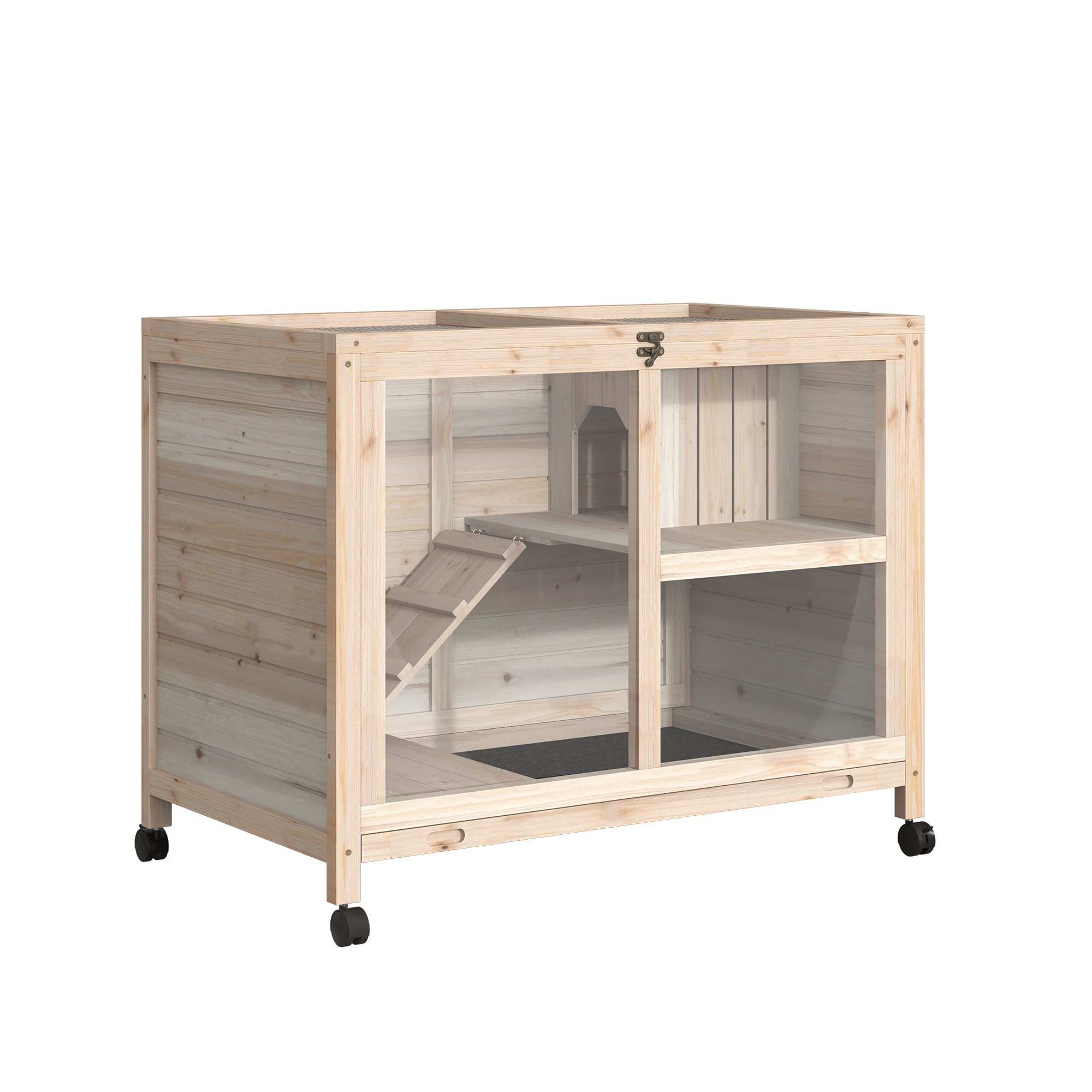Gabbia per conigli Pawut con ruote, recinto per piccoli animali in legno massello, 2 piani, tetto apribile, dimensioni 91,5x73 cm, colore naturale