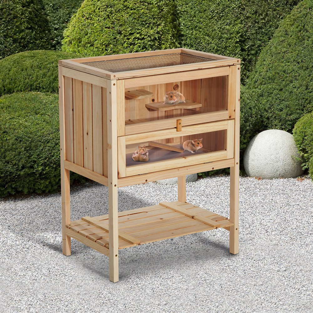 Gabbia per criceti in legno Pawhut con rampa, tetto pieghevole, finestra in plexiglass e ripiano inferiore 60X40X80 cm Naturale