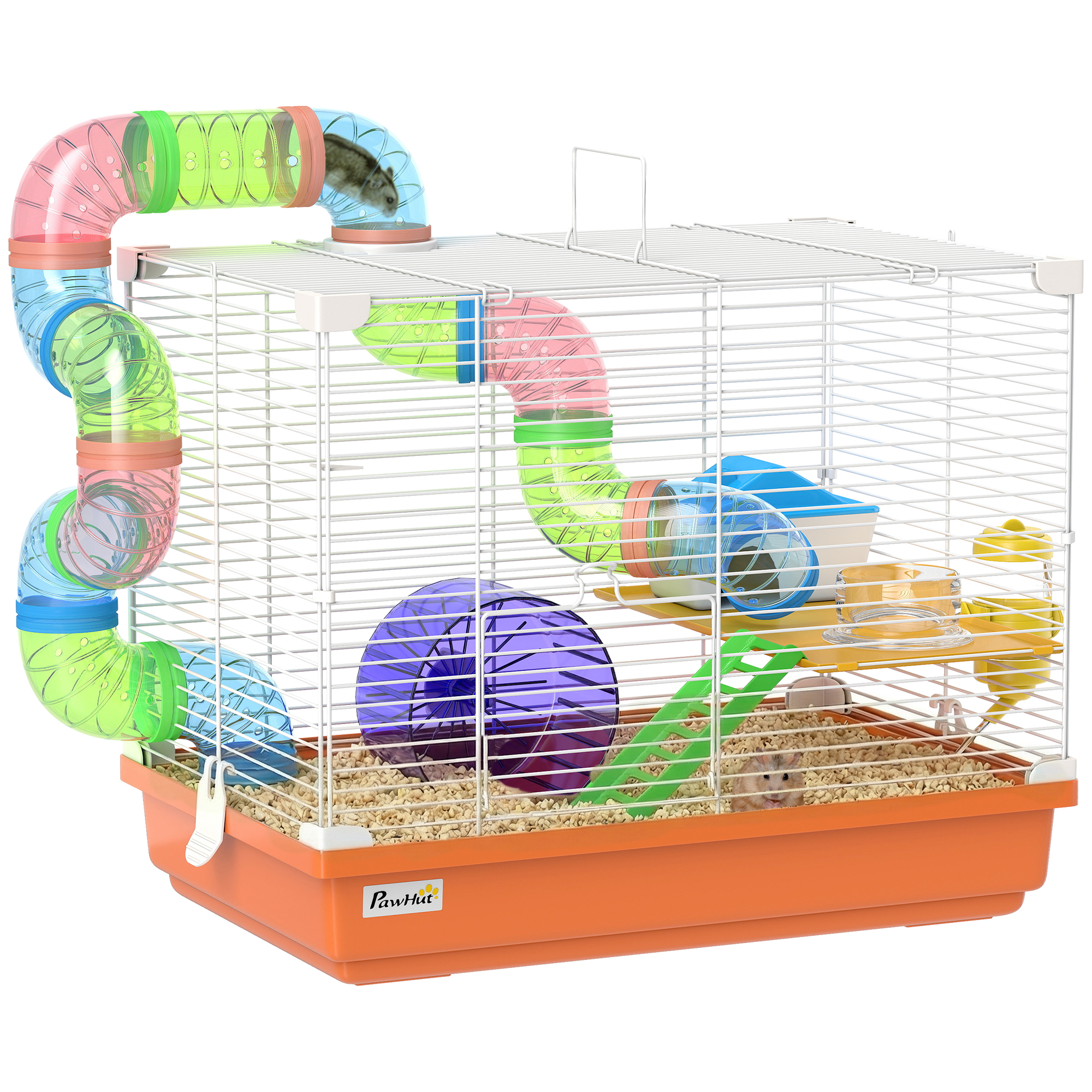 Gabbia per criceti Pawhut con tunnel, abbeveratoio, rampa, ruota per l'esercizio e vassoio rimovibile, dimensioni 46x30x37 cm. Gabbia per criceti Pawhut con tunnel, abbeveratoio, rampa, ruota per l'esercizio e vassoio rimovibile, dimensioni 46x30x37 cm.