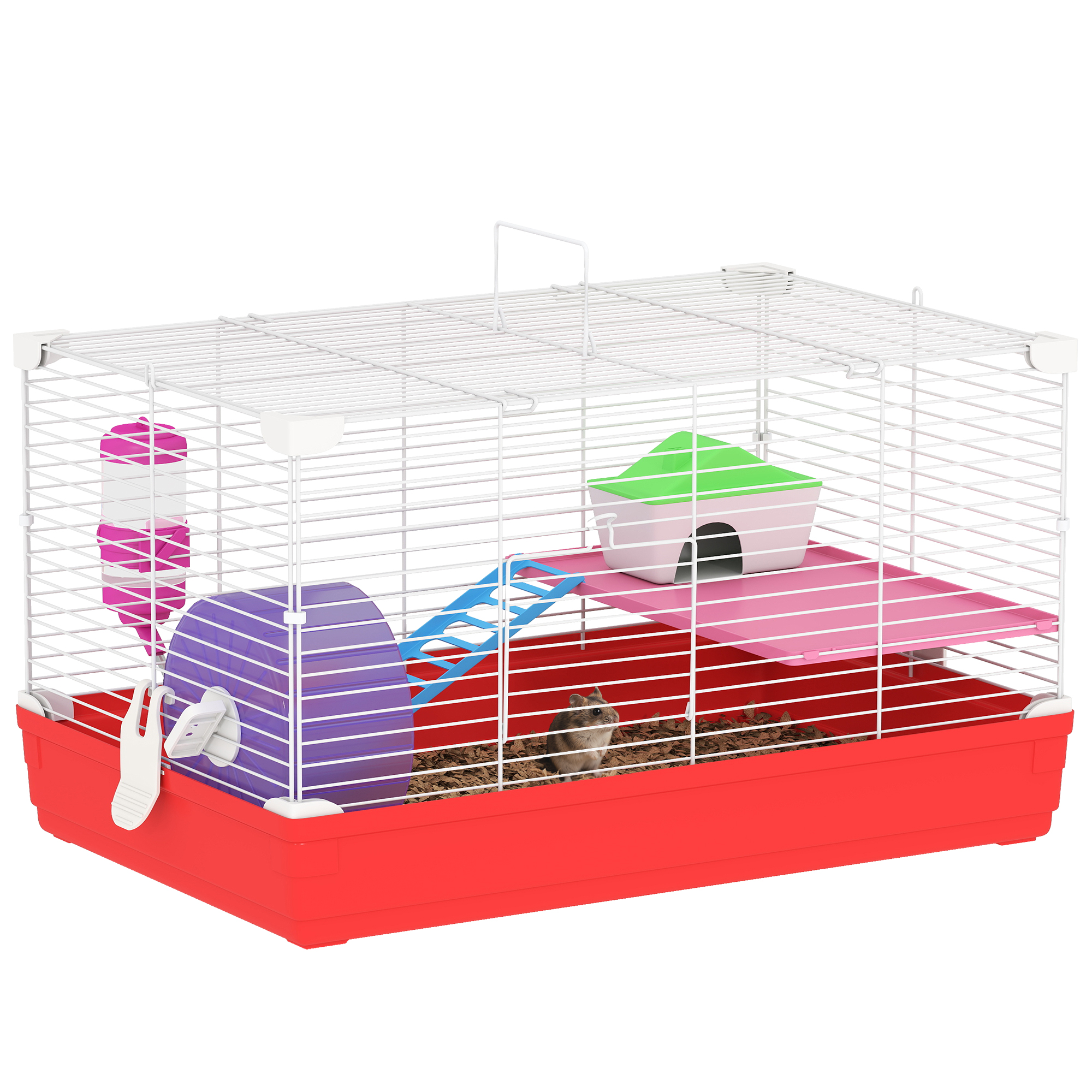 Gabbia per criceti Pawut, gabbia a 2 piani per piccoli animali, base rimovibile per una facile pulizia, casetta, ruota per esercizi, scala e ciotola.